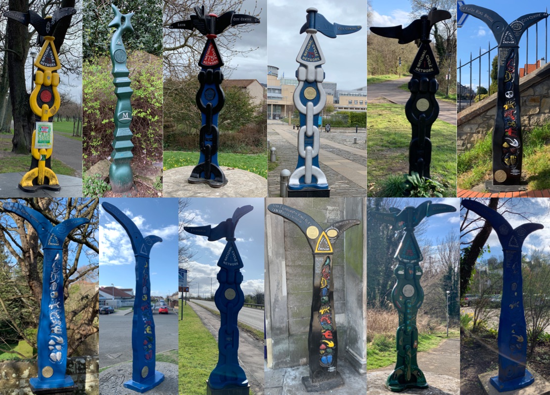 A collage of 12 mileposts