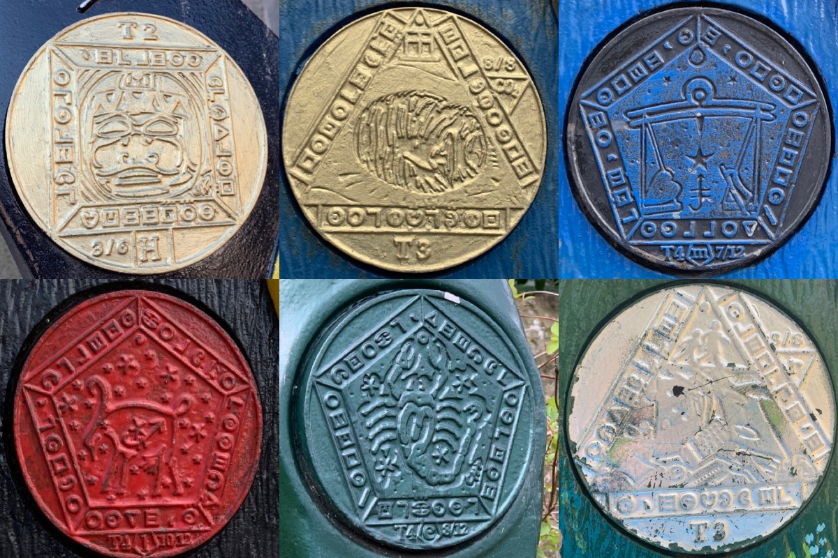 A collage of 6 Time Trail Disks on different mileposts. Some of the symbols are arranged in a triangular shape, others in a pentagon.