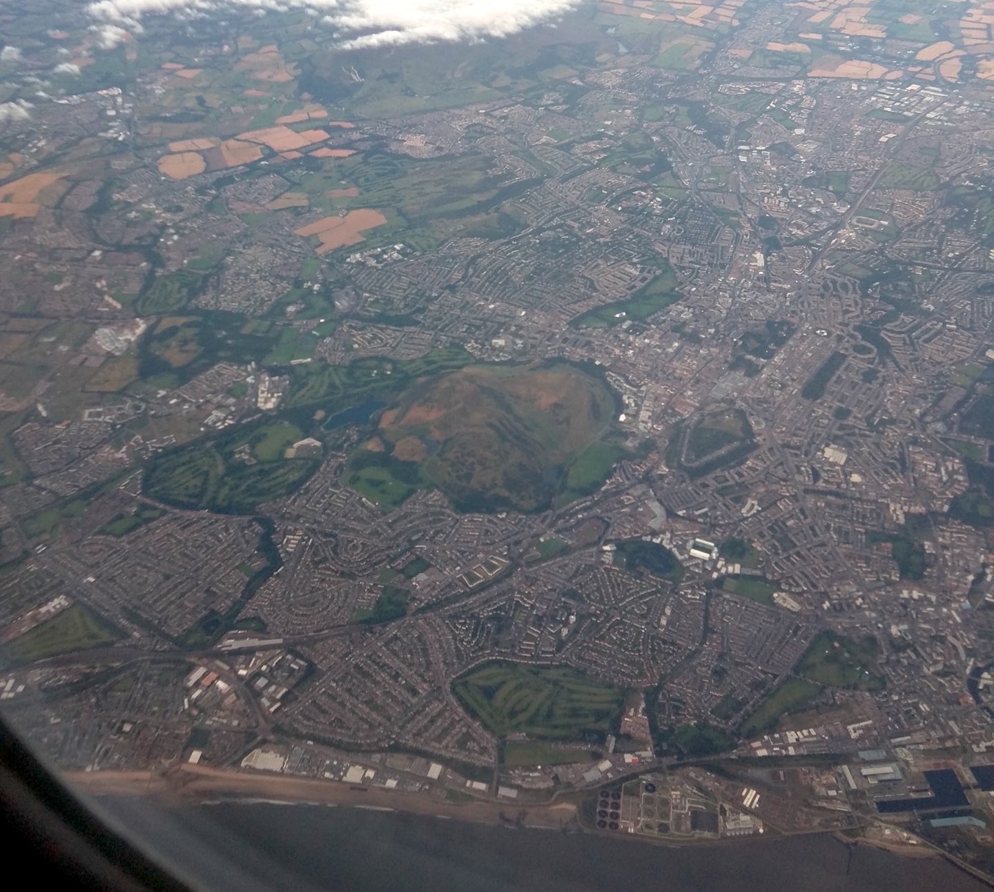 Photo of Edinburgh from above, taken from an airplane window.