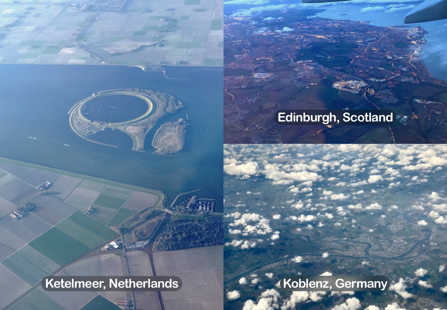 3 photos of different locations, including: Ketelmeer, Netherlands; Edinburgh, Scotland; Koblenz, Germany