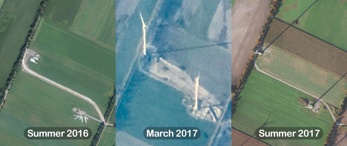 A sequence of 3 photos showing the construction of 2 wind turbines viewed from the sky. One showing Summer 2016, one showing March 2017 (which was captured by your's truly), and a third one showing Summer 2017.