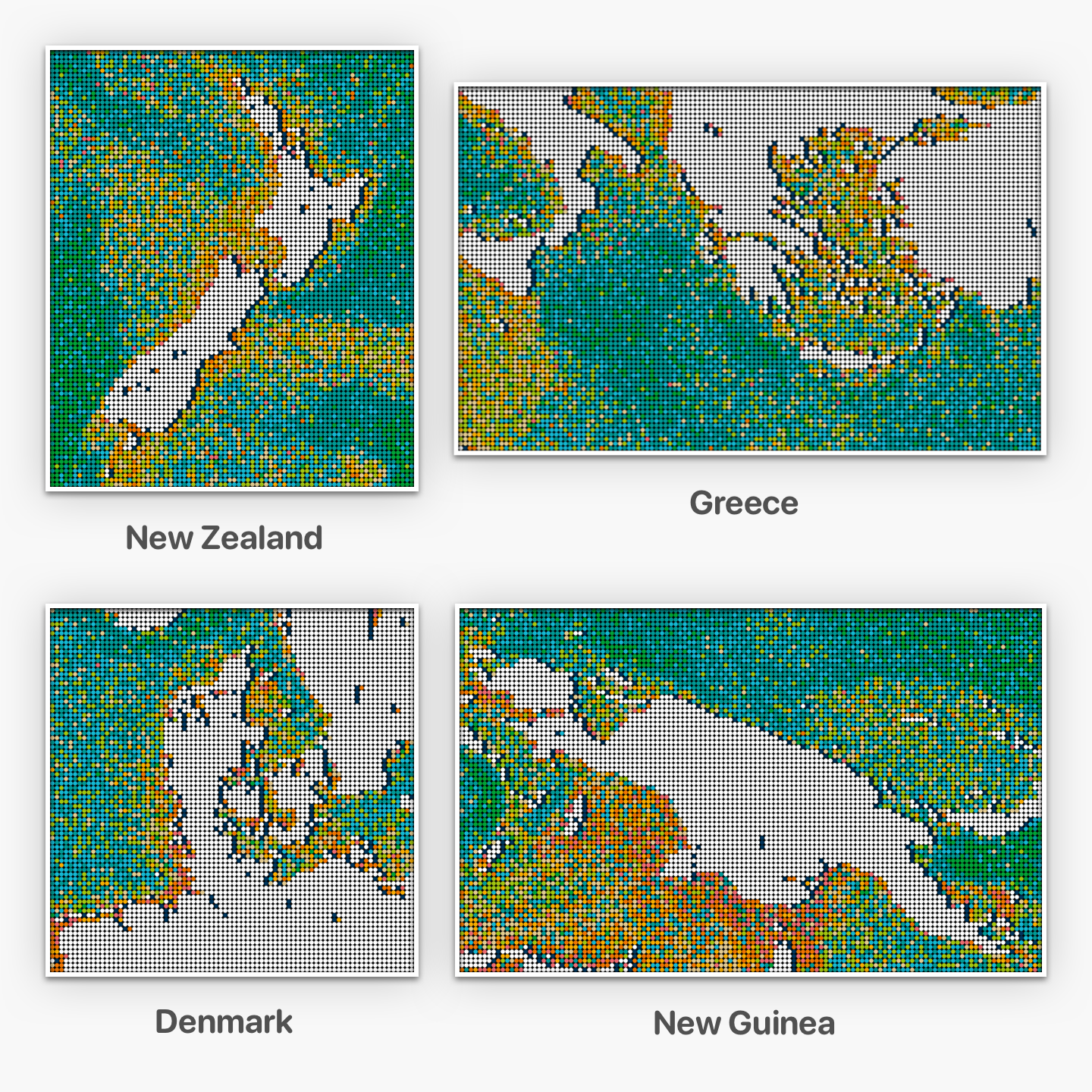 A montage of four LEGO maps that I created, including New Zealand, Greece, Denmark, and New Guinea.