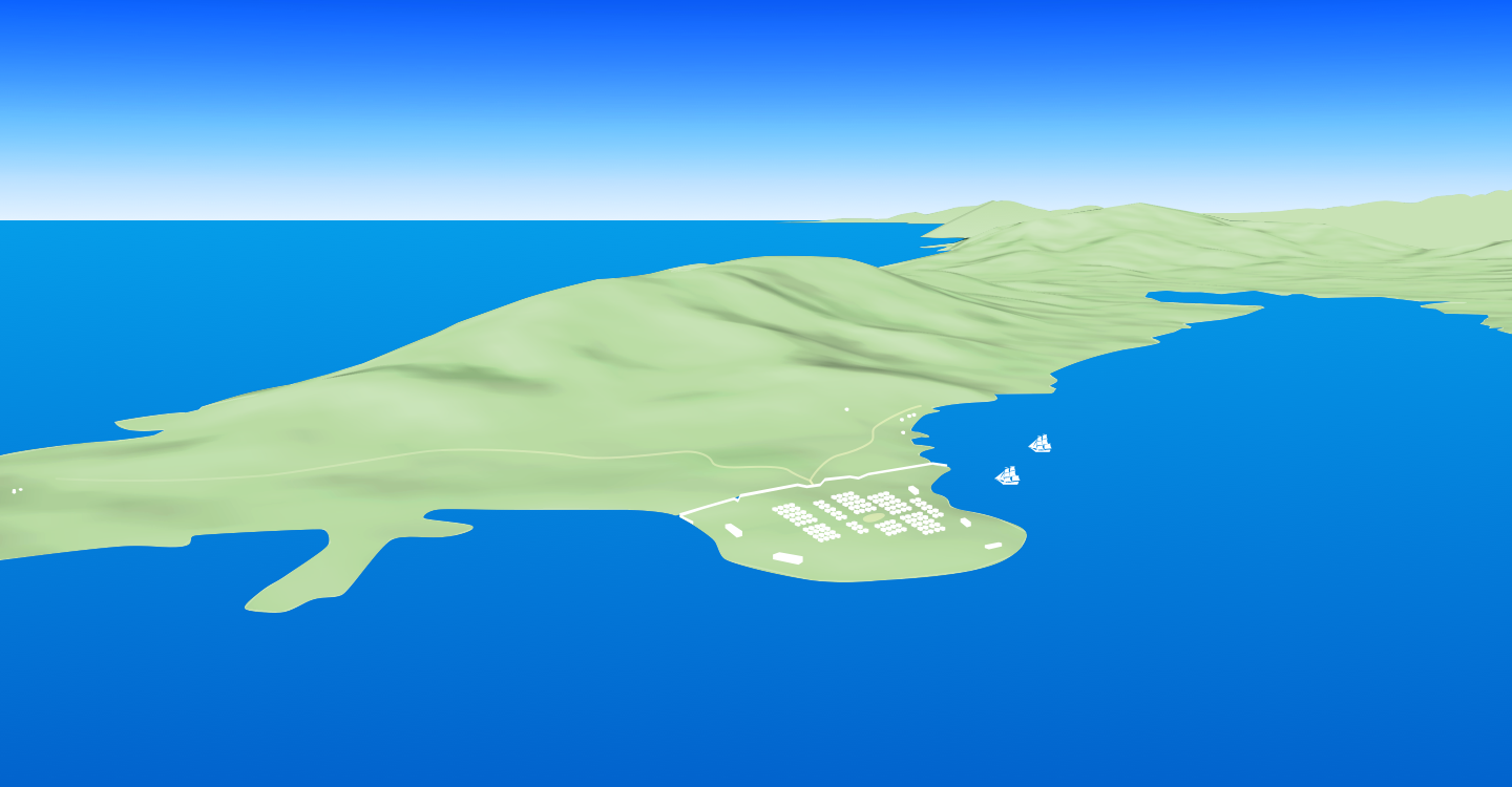 A birdeye perspective of Fort St. Andrew and parts of the peninsula. Fort St. Andrew consists of a collection of huts, a few warehouses, and a few trails that leave the fort. The Fort has a wall and a moat. The fort is at sea level, and a very large hill is in the background.